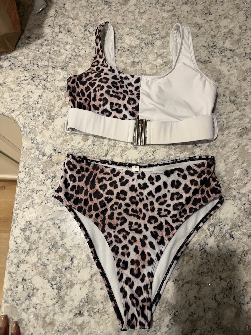 Leopard Print High-Waist Bikini Set — White & Pink Accents